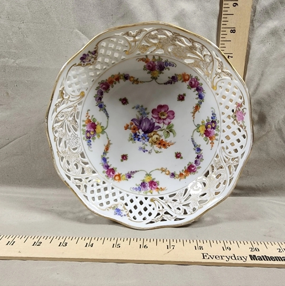 Antique Schumann Bavaria Dresden Garland Pierced Bowl Flawless Shape